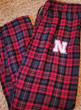 Mens Plaid Flannel Pajama Pants with White 'N' Cornhusker Patch Size Medium